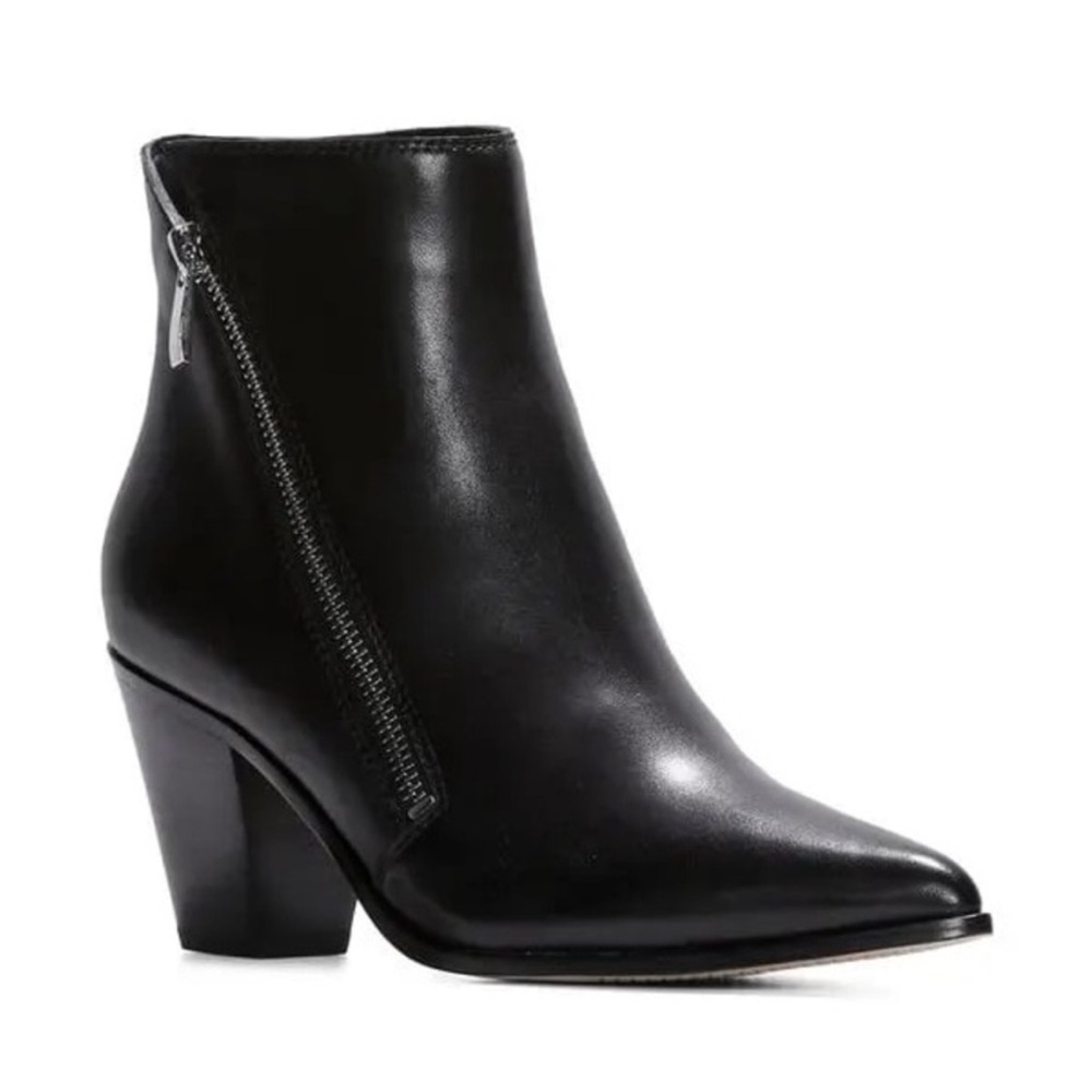 PAIGE Lia Black Leather Ankle Boots Pointed Toe Block Heel Modern Chic Size 7.5